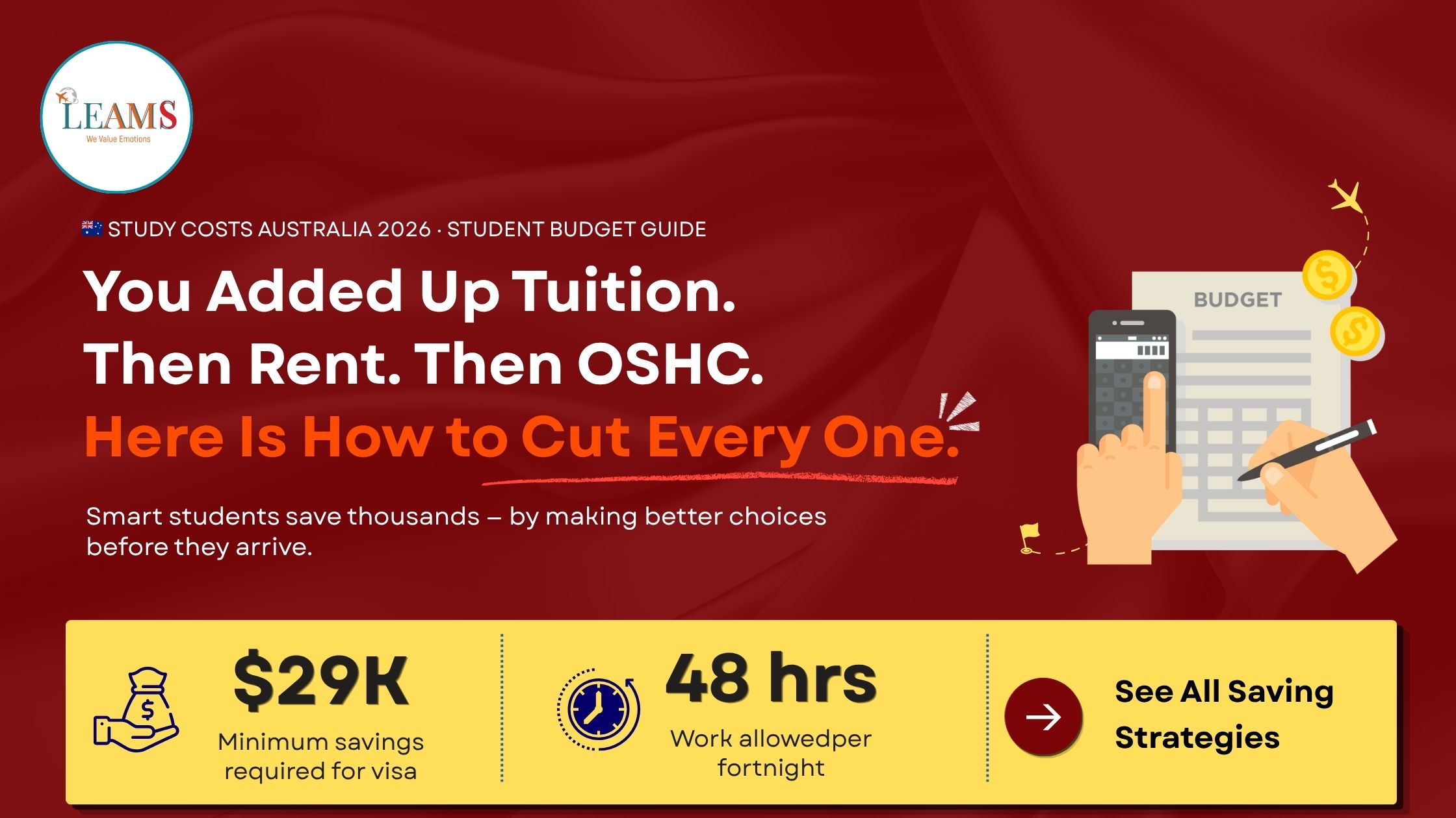 International student in Australia reviewing a study budget with notes on tuition, rent and living costs for 2026