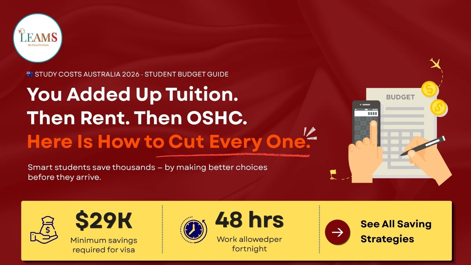 International student in Australia reviewing a study budget with notes on tuition, rent and living costs for 2026