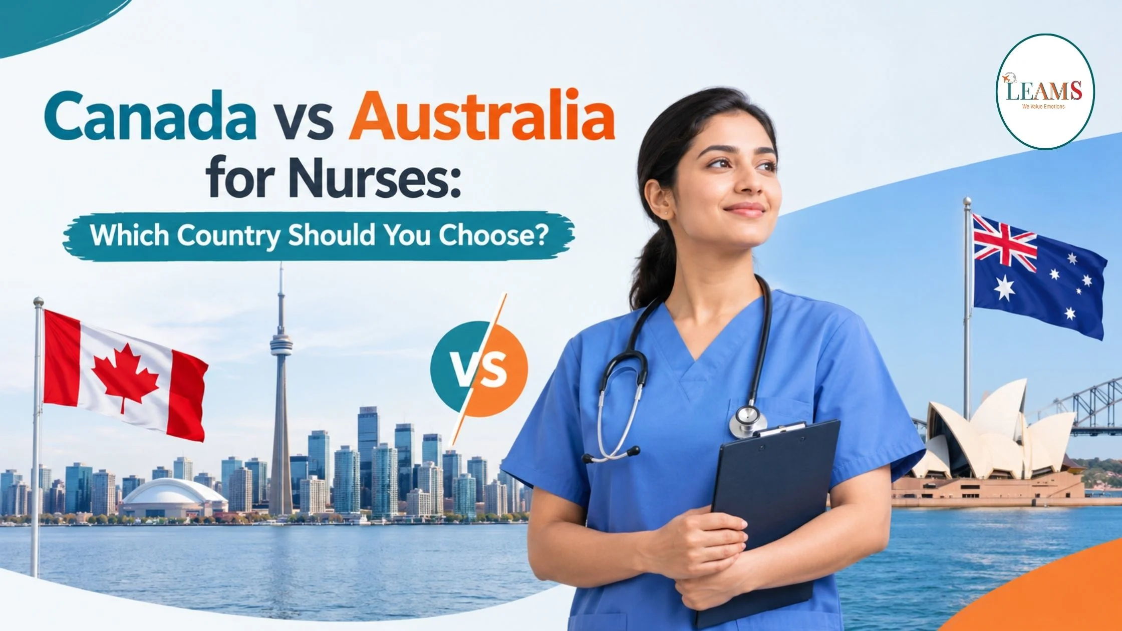 Indian nurse in scrubs comparing Canada and Australia migration pathways on a laptop