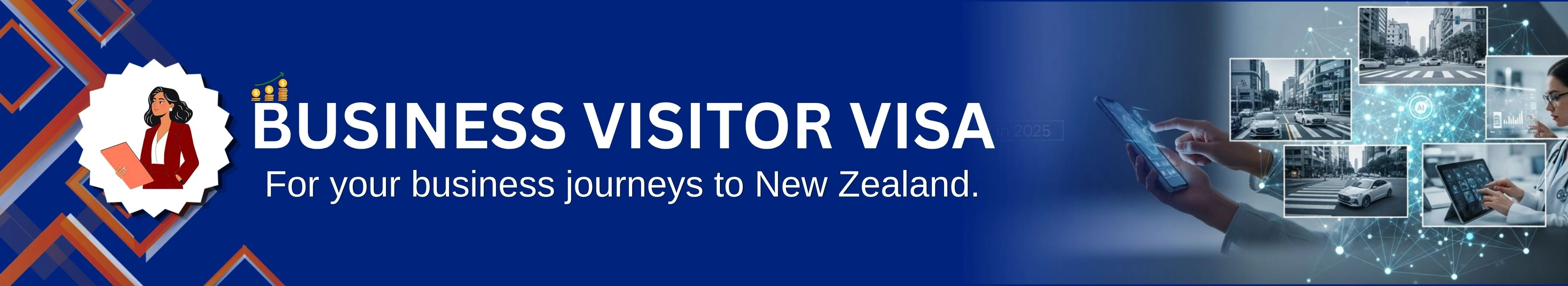 Business traveler attending meetings in New Zealand city skyline under Business Visitor Visa pathway.